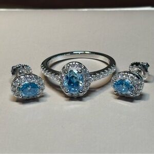 NEW ✨ Ocean Blue Moissanite Ring and Earring Set Sterling Silver 925